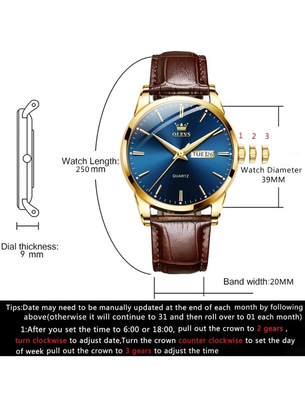 Men's Blue Dial Quartz Leather Brown Buckle Waterproof Luminous Round Watch - Picture 6 of 6
